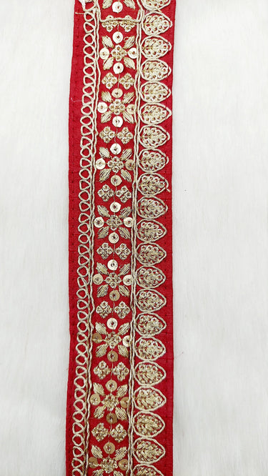 Maroon Red Art Silk Fabric Trim With Gold Floral Embroidery, Floral Sequins Sari Border, Trim By 9 Yards